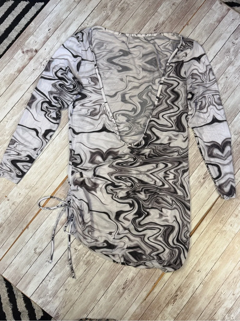 Marble-Print Ruched Mini Dress with Matching Bikini
